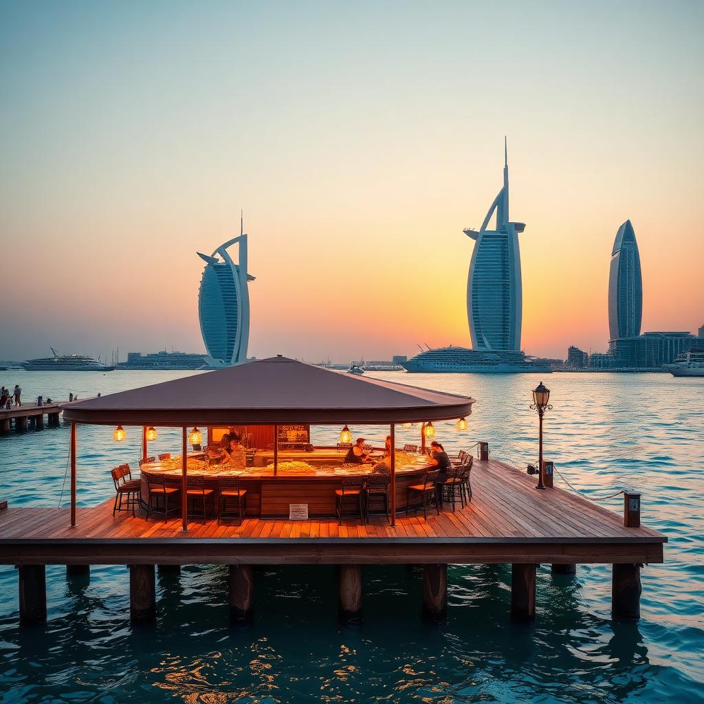 Restaurant sur ponton de bois face aux yachts de Dubai Marina au coucher du soleil