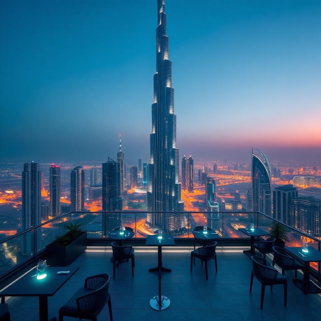 Terrasse rooftop de Downtown Dubaï face au Burj Khalifa illuminé au crépuscule