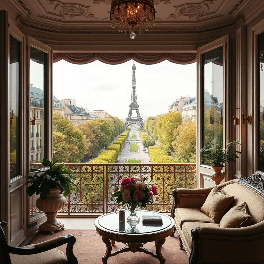 Four Seasons Hotel George V, suite avec balcon sur l'avenue George V et la Tour Eiffel au loin