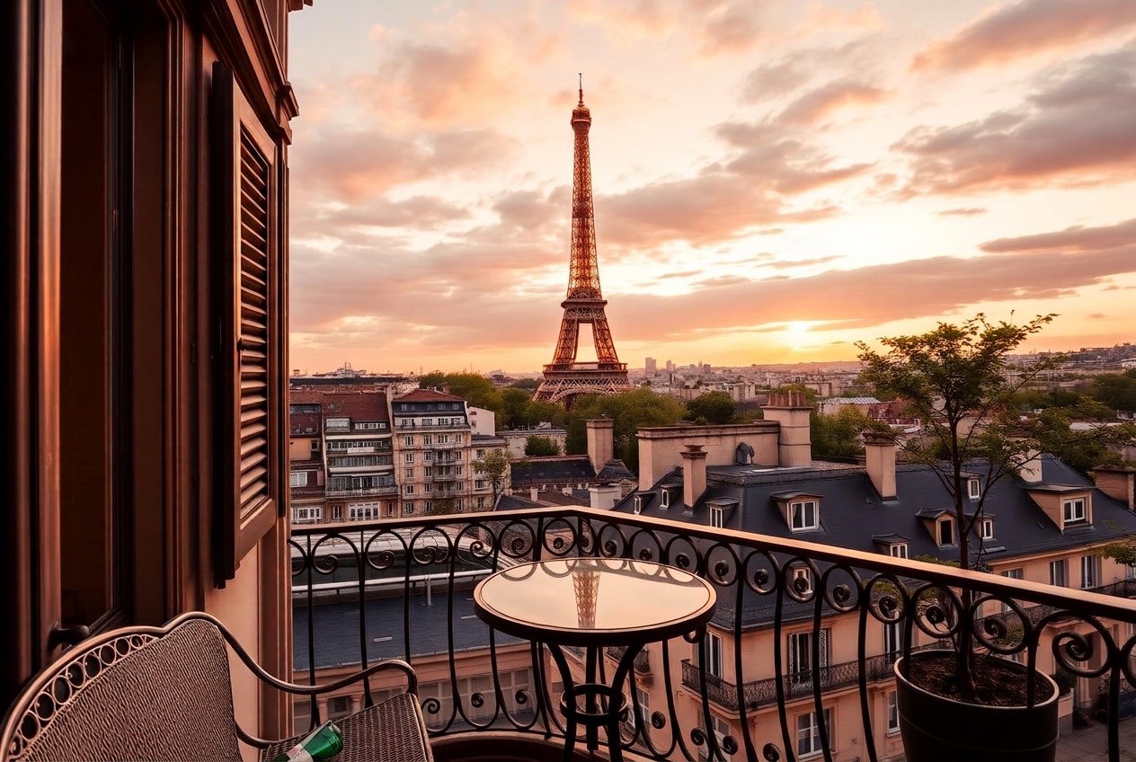Terrasse de palace parisien avec vue sur la Tour Eiffel au crépuscule