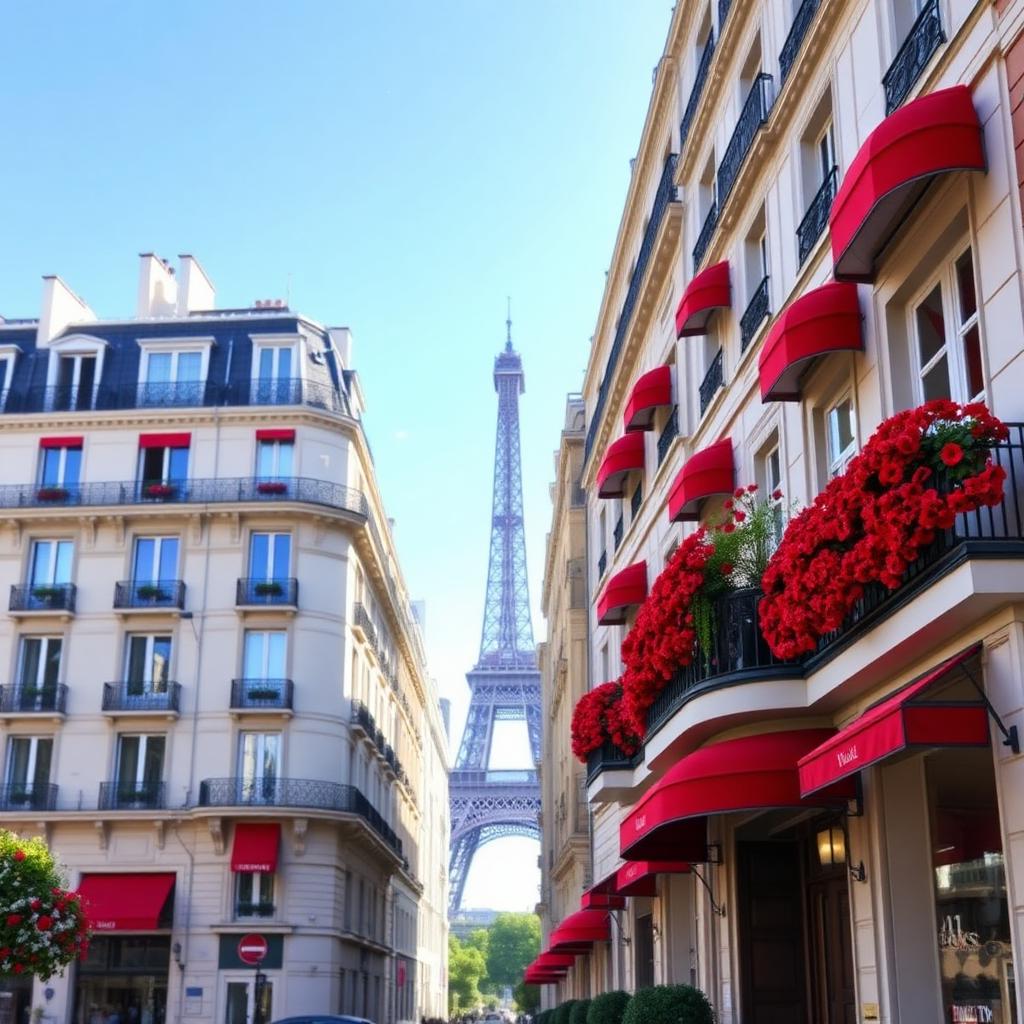 Hôtel Plaza Athénée, façade aux stores et géraniums rouges de l'avenue Montaigne avec la Tour Eiffel au loin