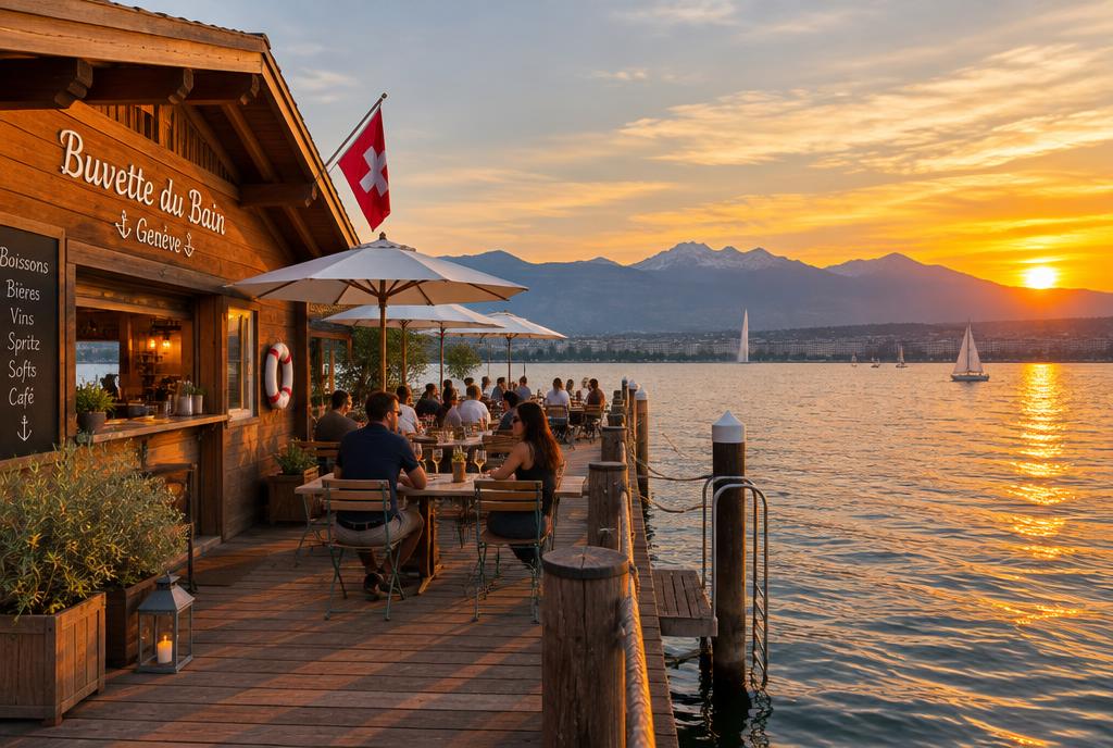 Buvette en bois sur la jetée des Bains des Pâquis à Genève