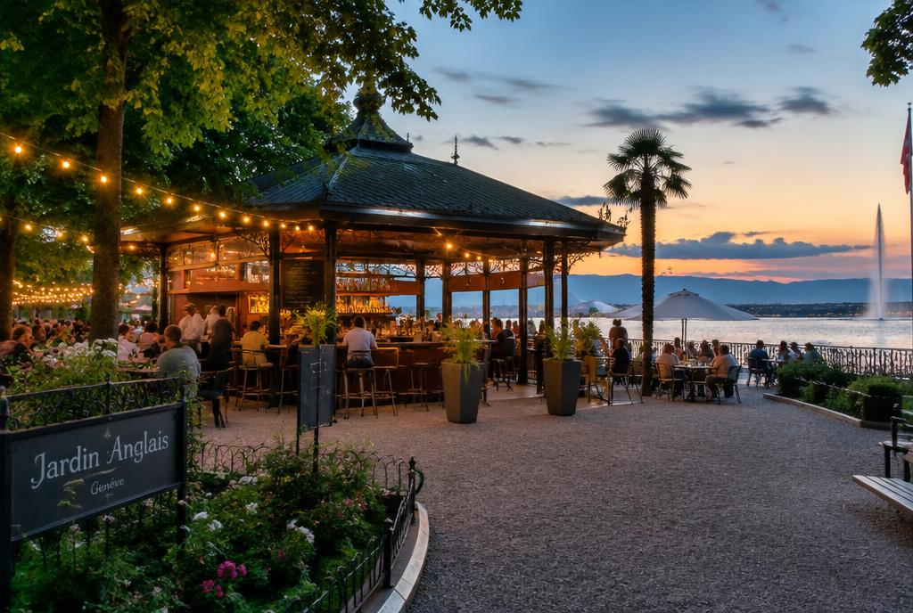Terrasse de guinguette sous les arbres au bord du lac à Genève
