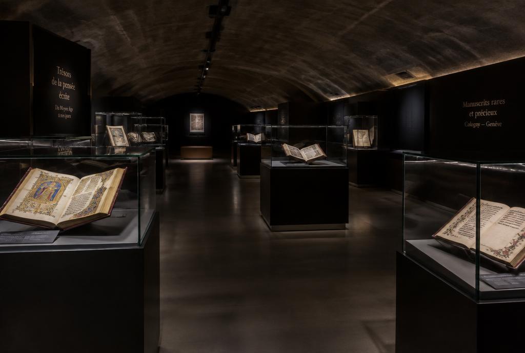 Salle souterraine de manuscrits rares éclairée par des vitrines à Cologny