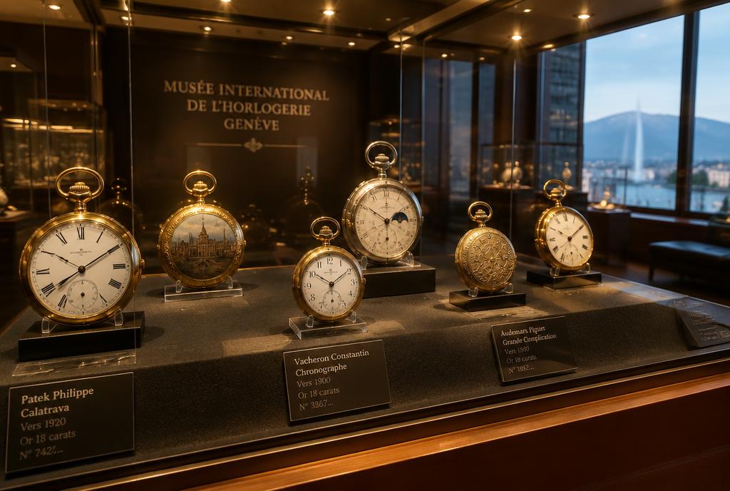Vitrine de montres anciennes en or dans un musée d'horlogerie à Genève