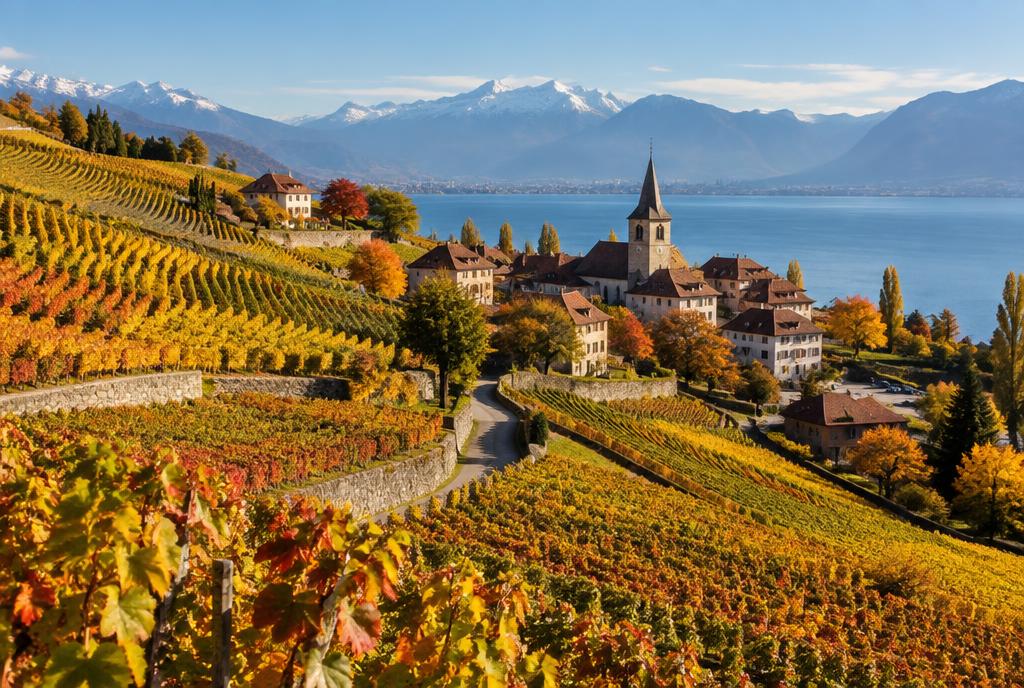 Vignes en terrasses et village viticole en automne près de Genève