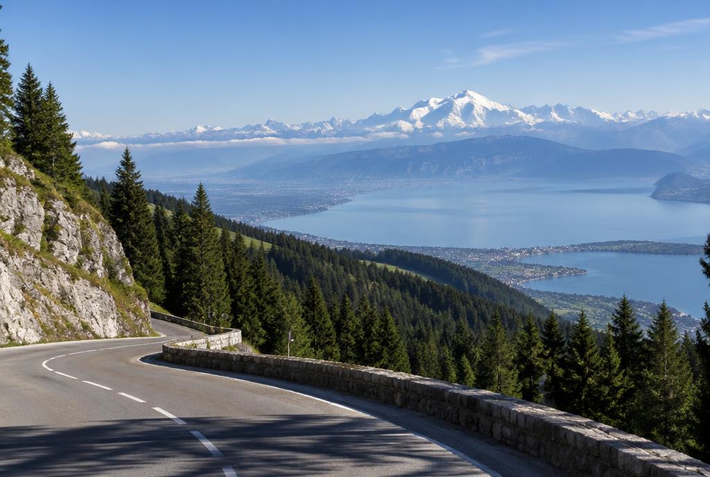 Route de montagne du Jura surplombant le lac Léman et le Mont-Blanc