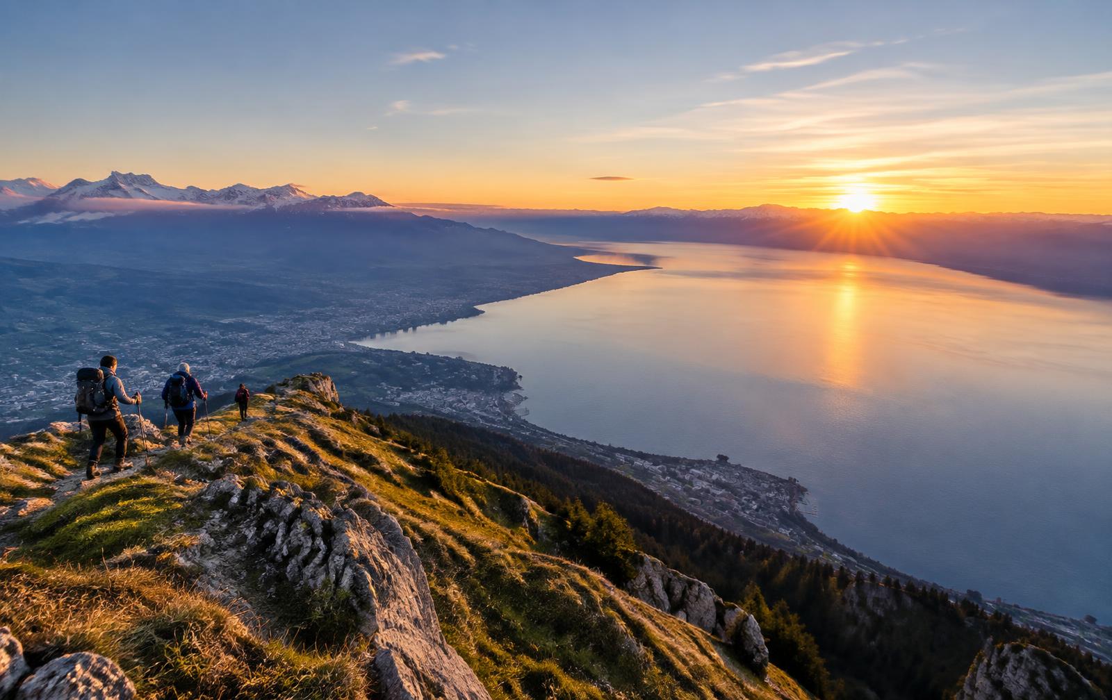 Vue sur le lac Léman depuis une crête au lever du soleil