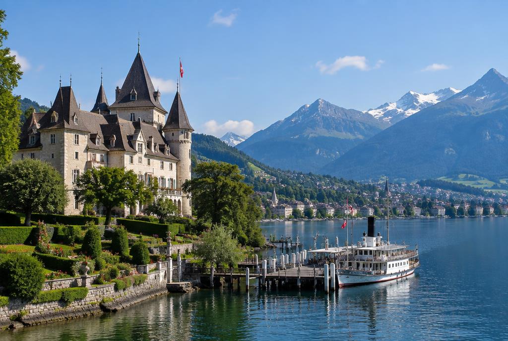Château lacustre et bateau à vapeur amarré au ponton près de Nyon