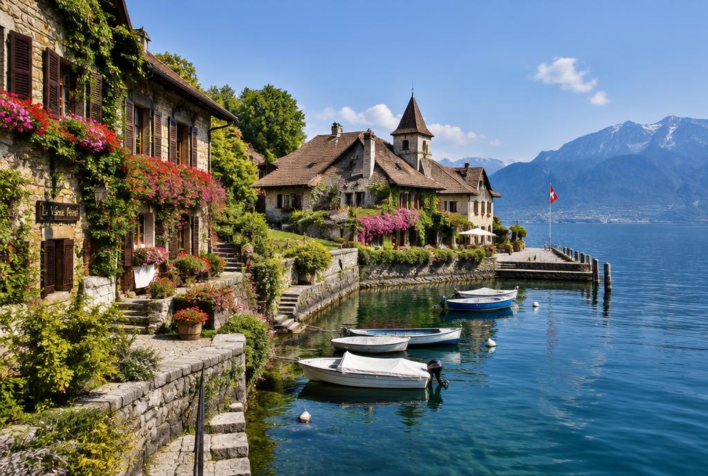 Village médiéval fleuri au bord du lac Léman à Yvoire