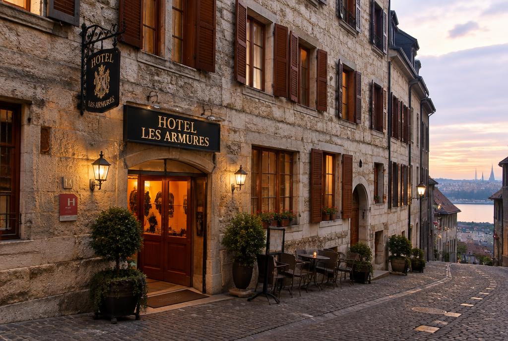 Chambre sous poutres d'un hôtel historique de la Vieille-Ville de Genève
