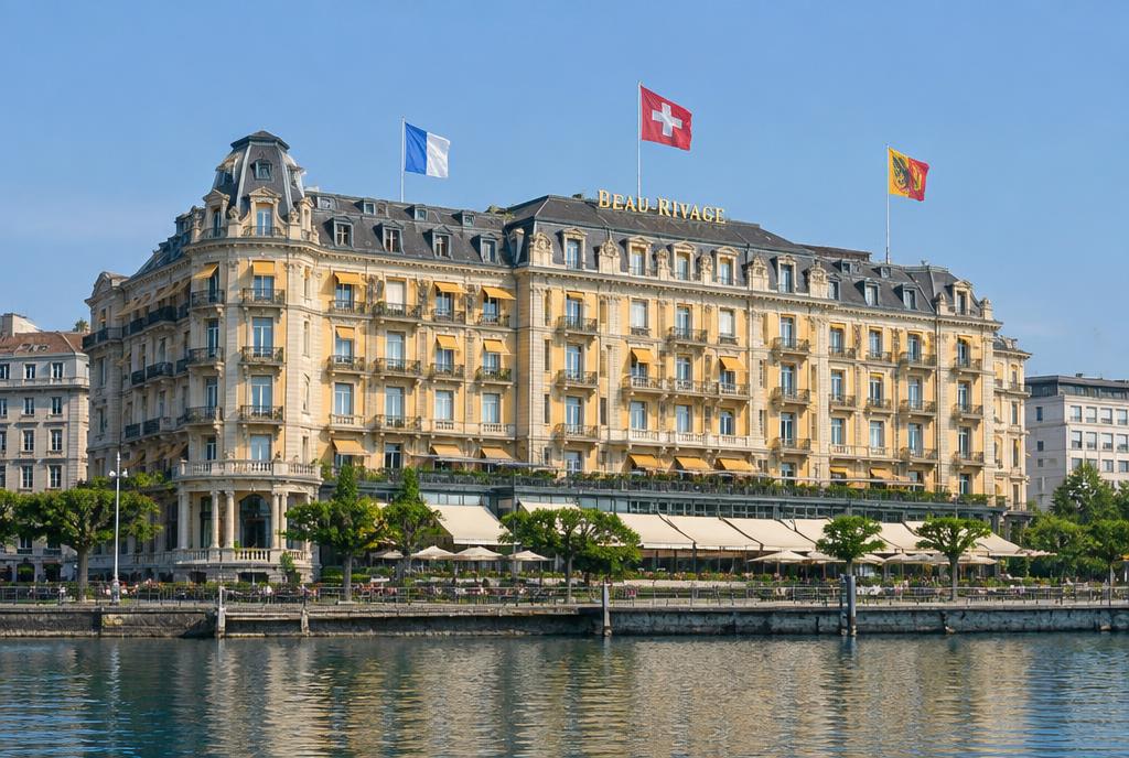 Façade et atrium du Beau-Rivage sur le quai du Mont-Blanc à Genève