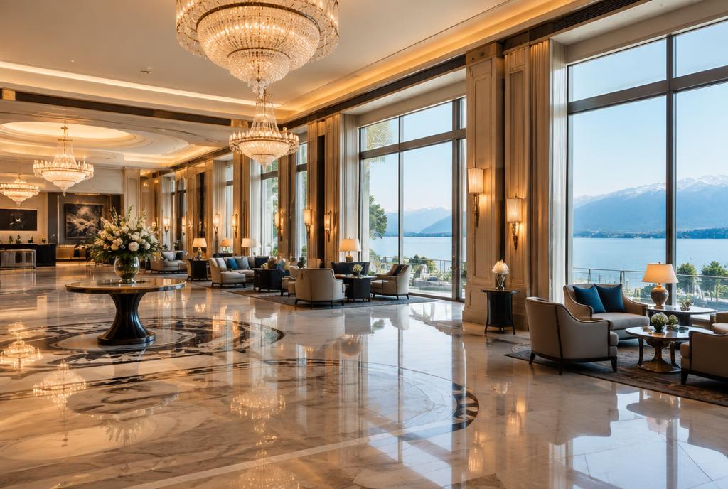 Salon du Four Seasons Hôtel des Bergues face au Rhône à Genève
