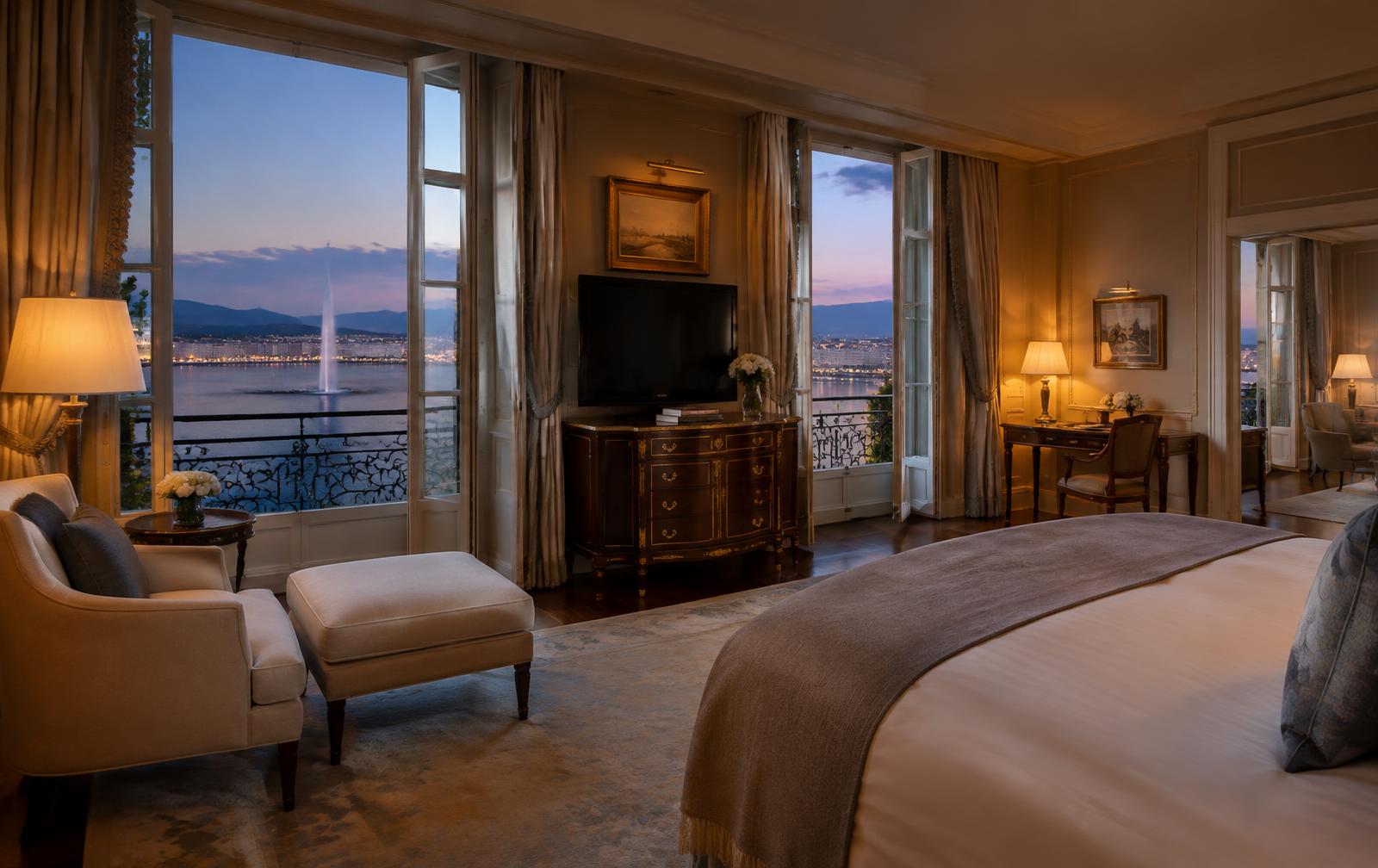 Chambre ouverte sur la rade de Genève et le jet d'eau