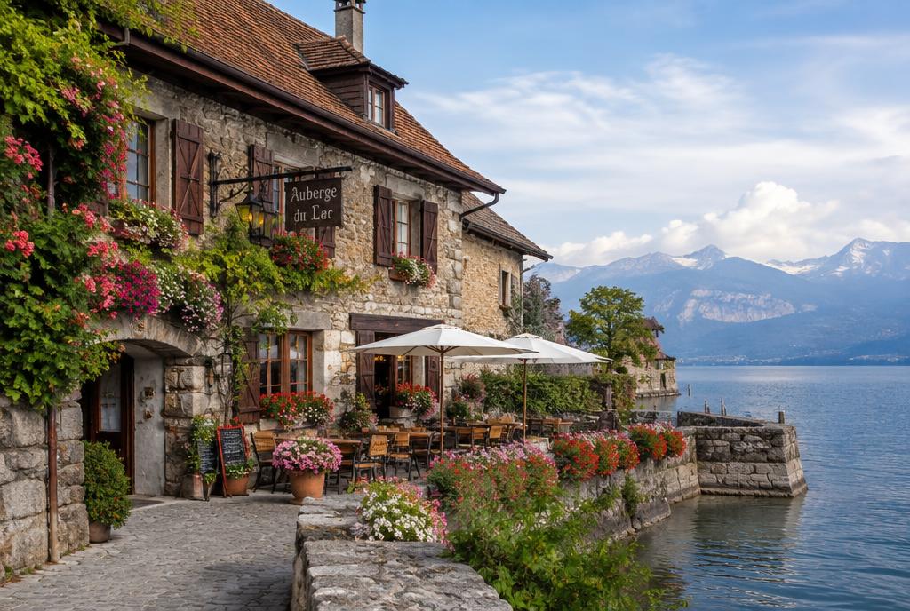 Auberge de village médiéval au bord du lac Léman à Hermance