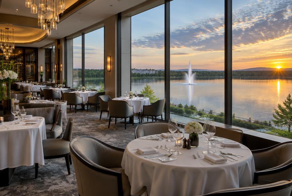 Salle de restaurant gastronomique face au lac à Genève