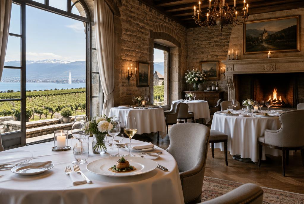 Salle à manger d'une maison de maître entourée de vignes près de Genève
