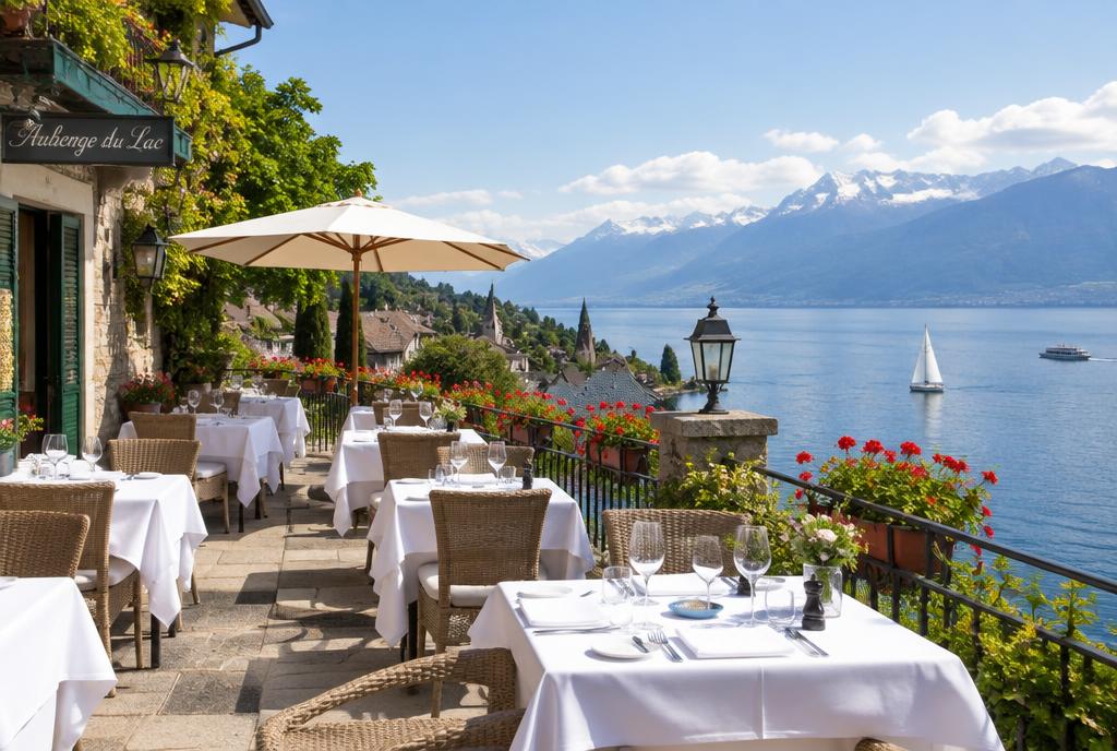 Terrasse de restaurant surplombant le lac Léman à Cologny