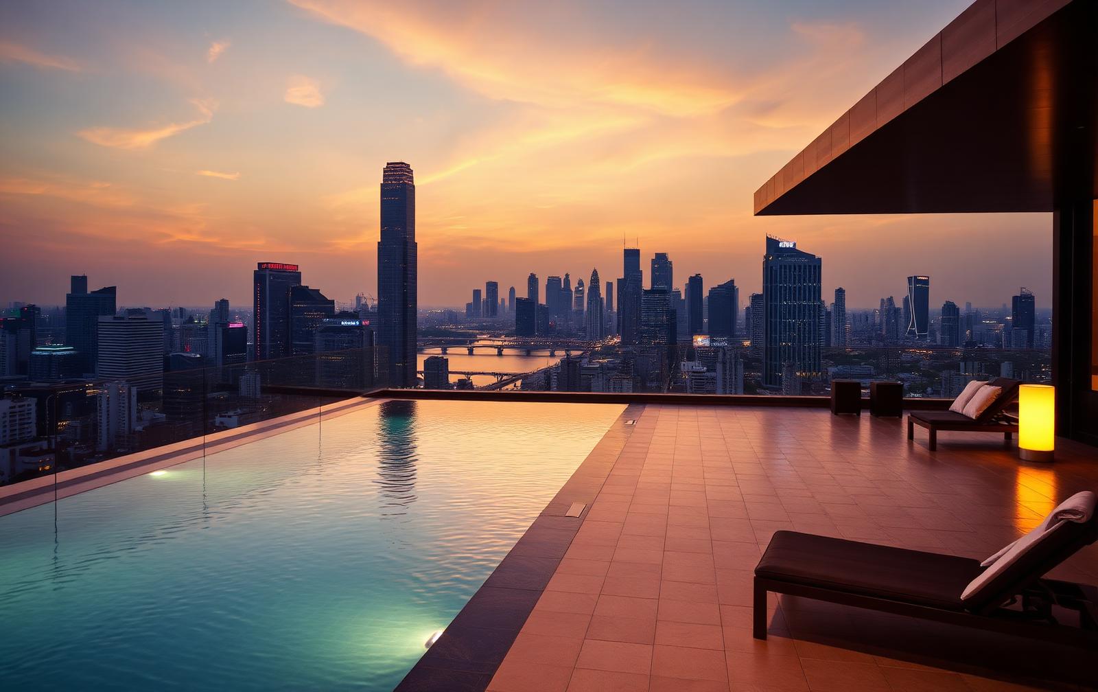 Piscine à débordement d'un hôtel de luxe face aux gratte-ciel de Bangkok au coucher du soleil