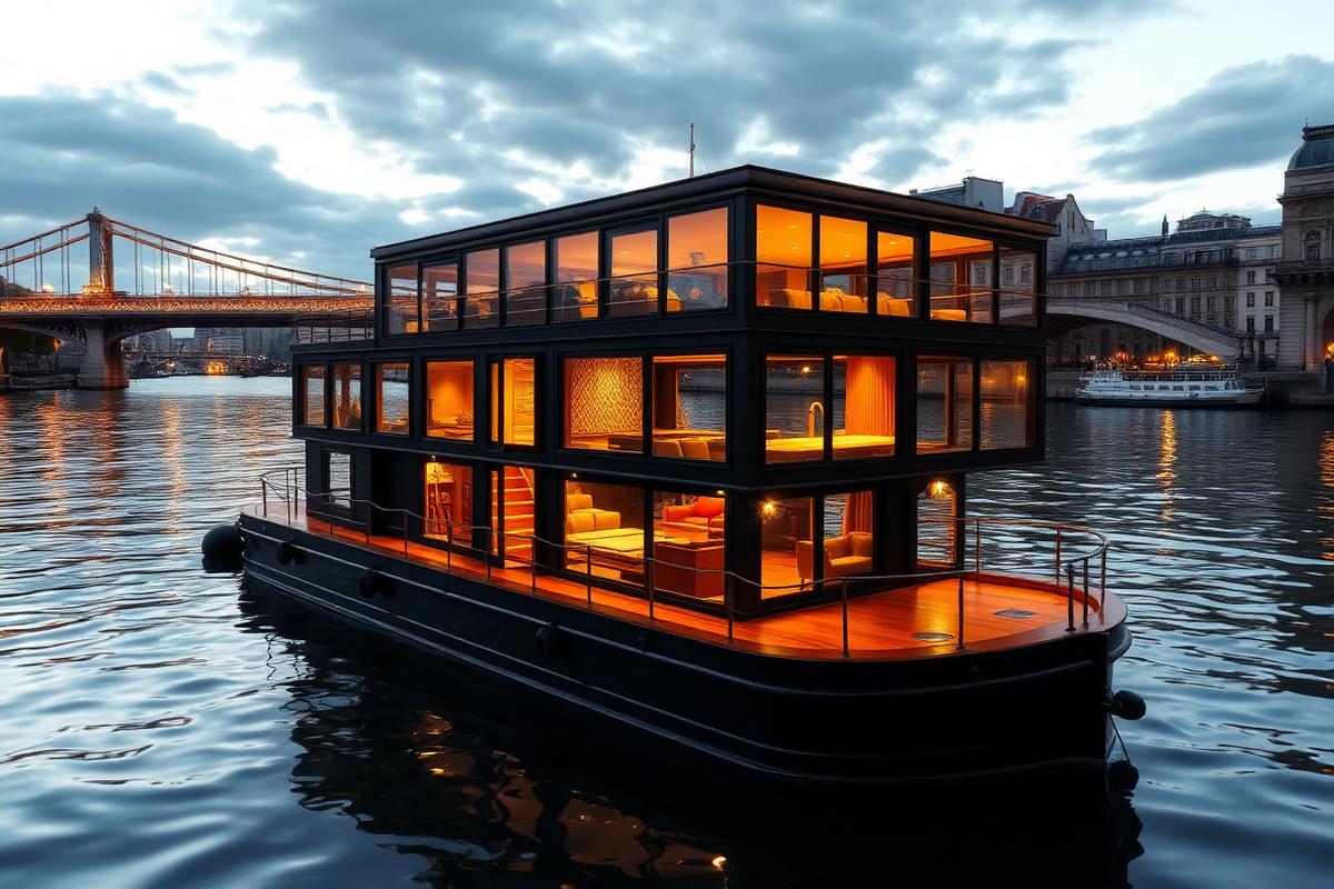 Loft flottant Seine Design amarré quai d'Austerlitz à Paris, illuminé au crépuscule