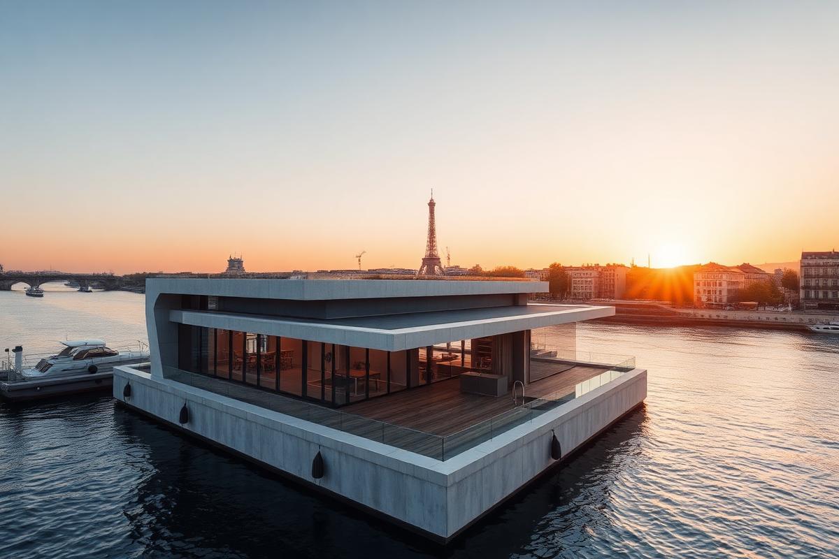Hôtel flottant contemporain en béton et verre amarré sur la Seine, piscine sur le pont supérieur