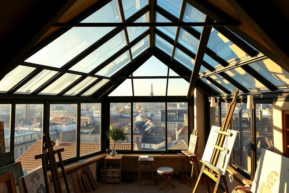 Loft d'artiste sous verrière à Montmartre avec vue sur les toits de Paris