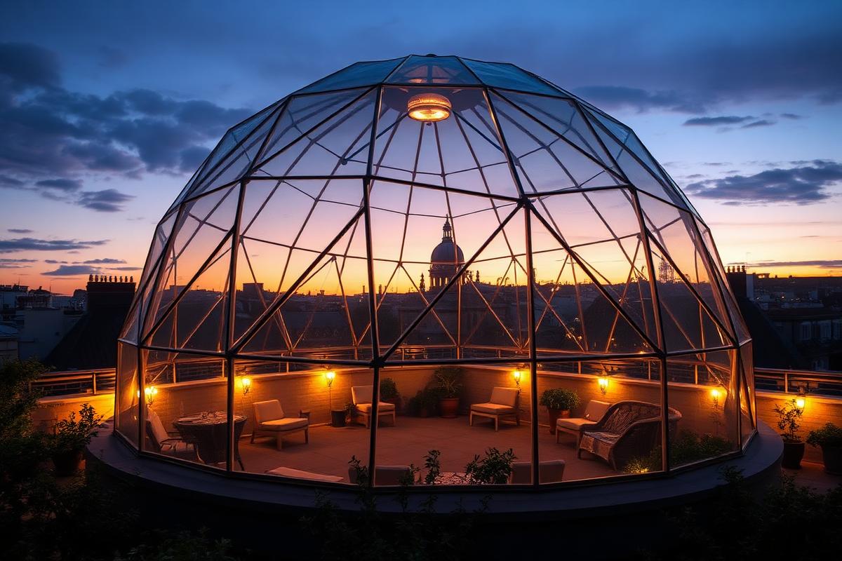 Dôme géodésique transparent illuminé sur une terrasse végétalisée parisienne au crépuscule, près du Panthéon