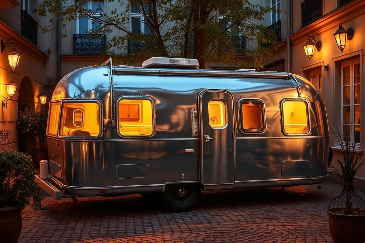 Caravane Airstream vintage en aluminium poli dans une cour privée du Marais à Paris, éclairée le soir