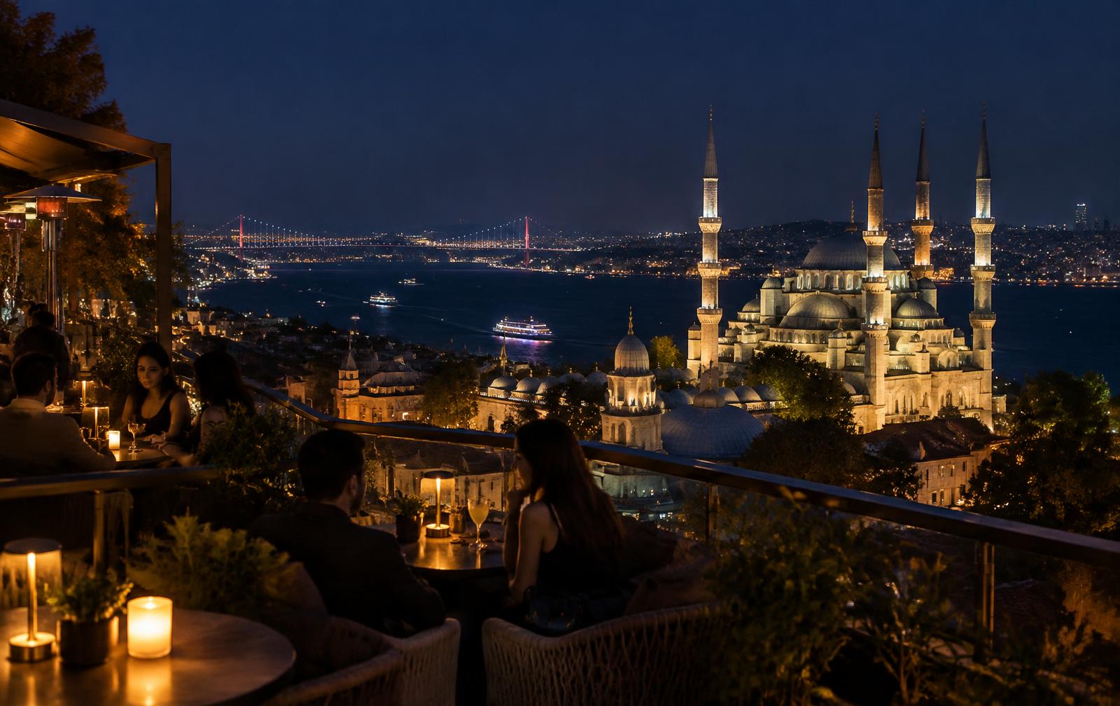 Rooftop dominant les lumières d'Istanbul la nuit