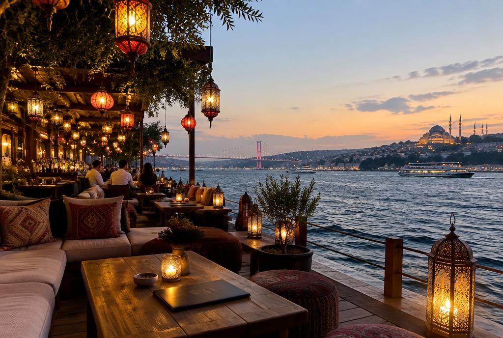 Terrasse de bar au ras de l'eau sur le Bosphore
