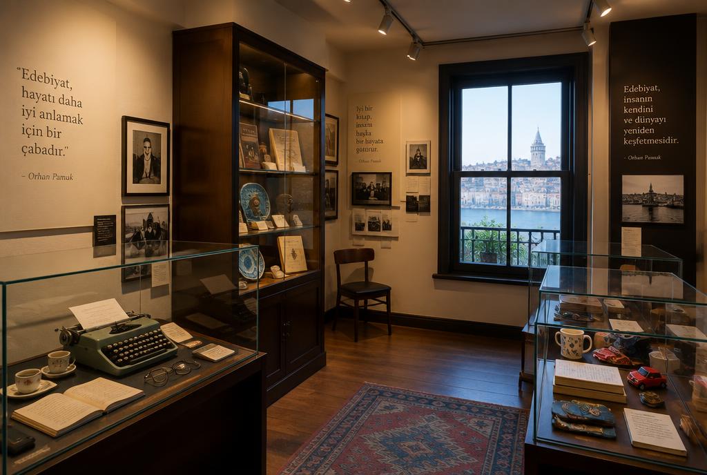 Vitrines d'objets du quotidien dans un petit musée littéraire