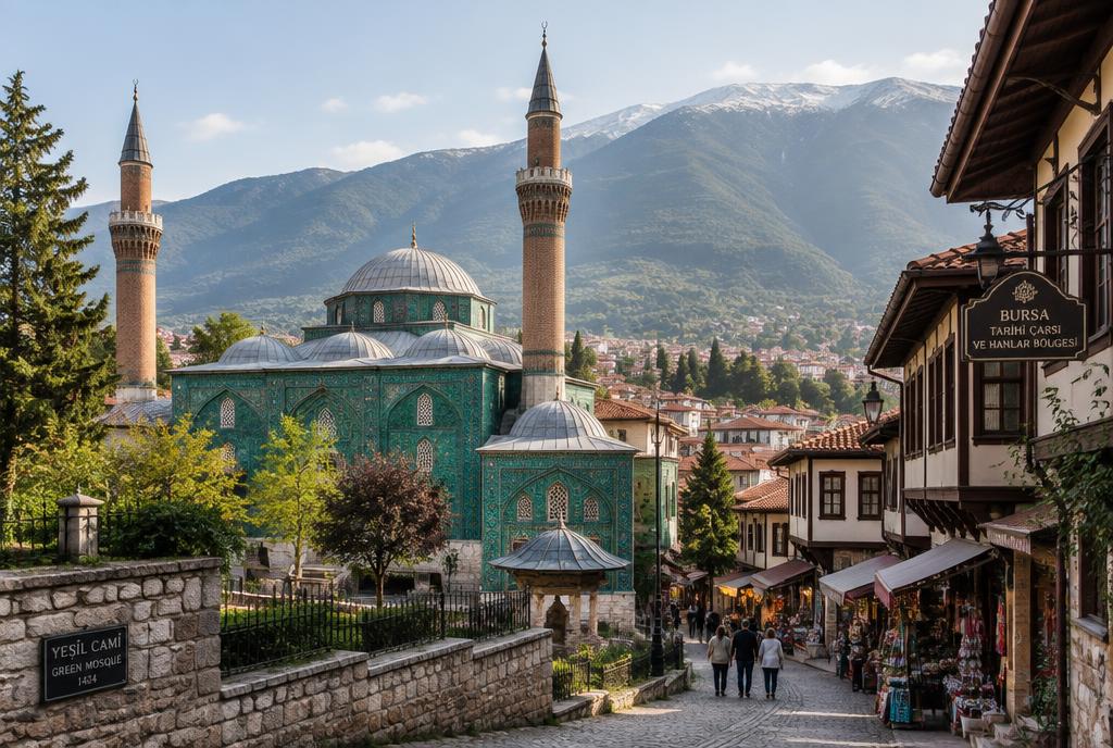Mosquée verte et vieille ville de Bursa au pied de la montagne