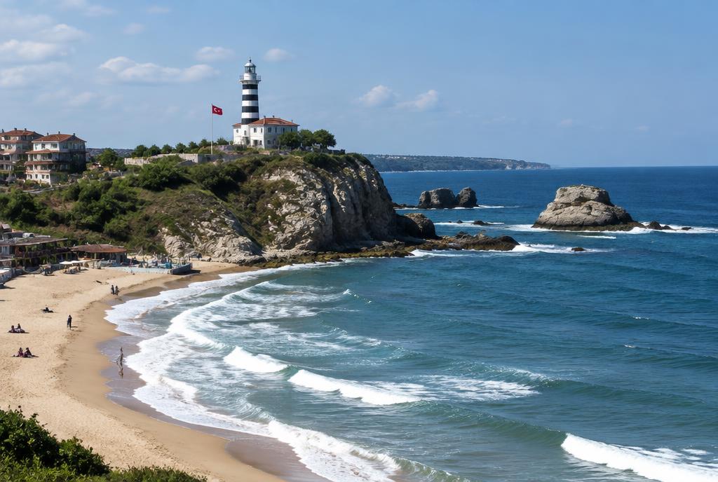 Phare et plage de sable sur la côte de la mer Noire à Şile