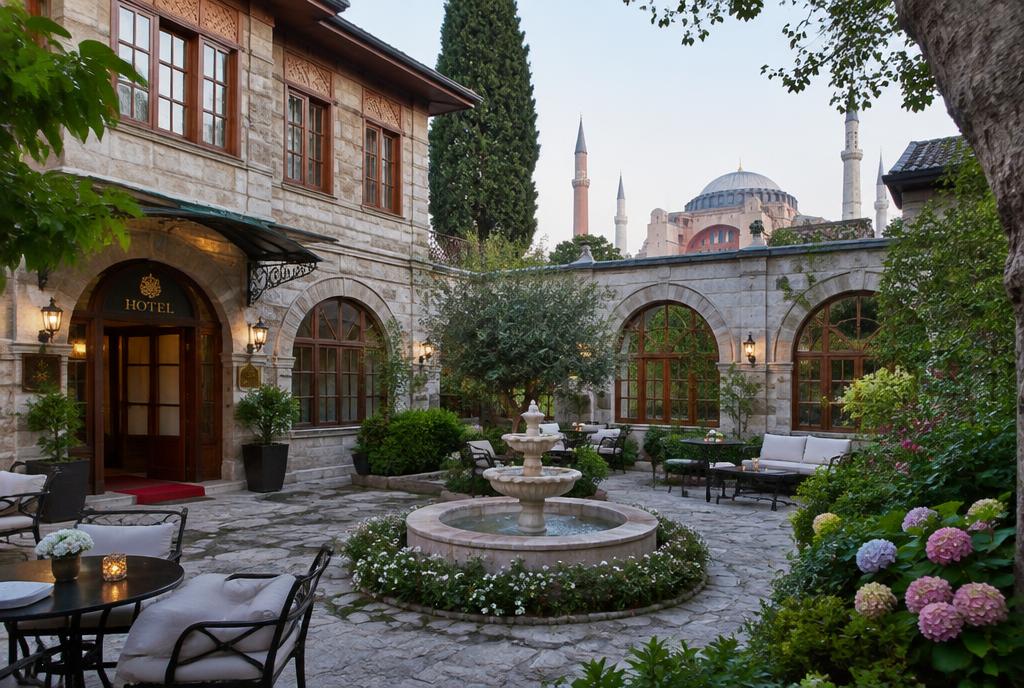 Cour intérieure d'un hôtel néoclassique jaune à Sultanahmet