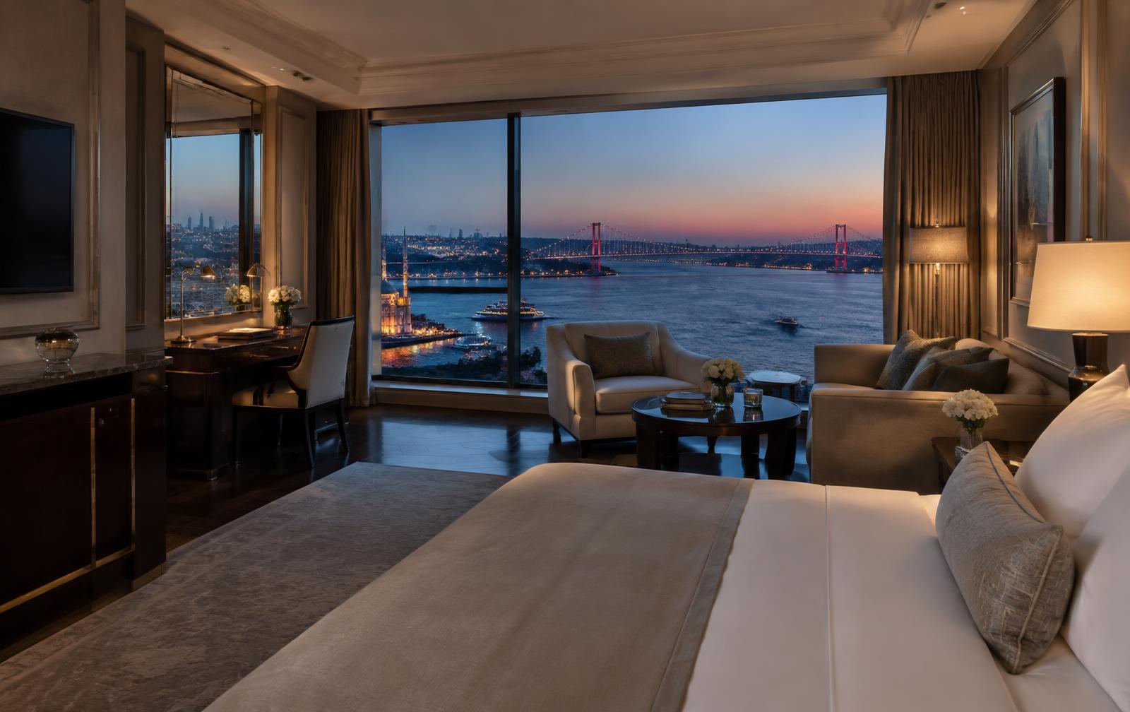 Chambre avec vue sur le Bosphore au crépuscule à Istanbul