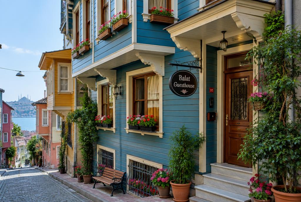 Maison en bois colorée transformée en maison d'hôtes à Balat