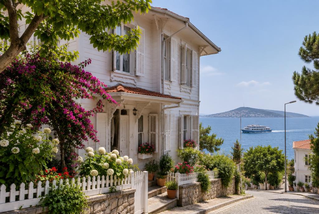 Maison en bois blanche avec jardin face à la mer sur une île près d'Istanbul