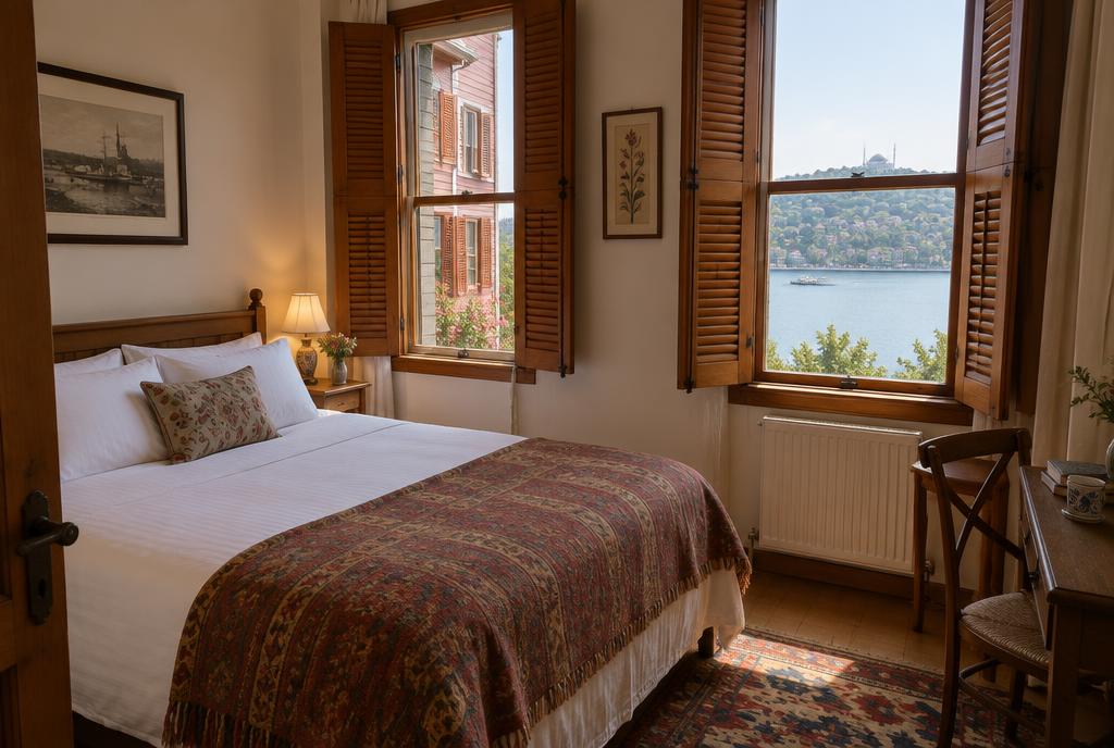 Chambre d'hôtes avec volets en bois et vue sur le Bosphore