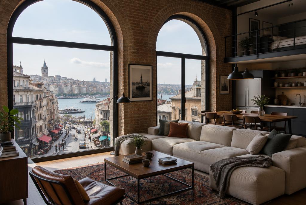 Loft aux fenêtres en arc au-dessus d'une rue de Karaköy