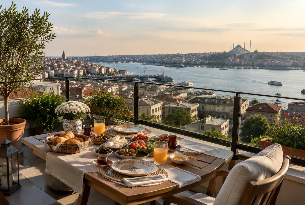 Terrasse de petit-déjeuner avec vue sur la Corne d'Or et les minarets