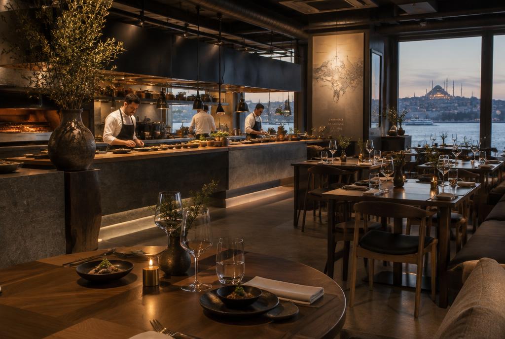 Salle de restaurant panoramique au sommet d'un immeuble d'Istanbul