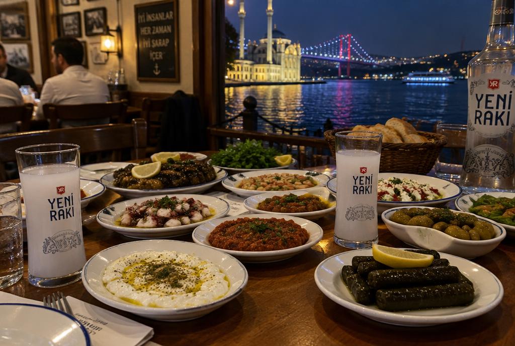 Salle lumineuse d'un restaurant avec vue sur la vieille ville d'Istanbul