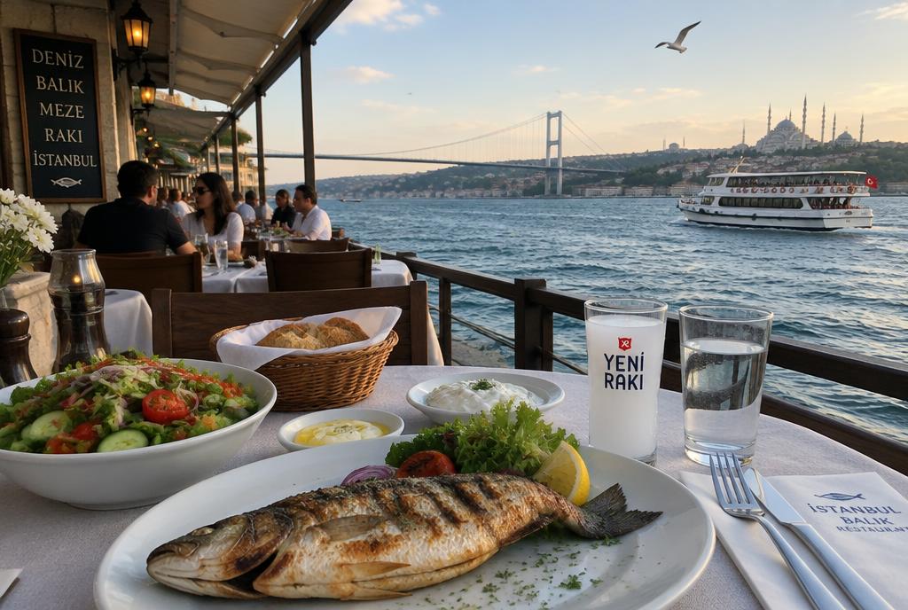 Terrasse de restaurant de poisson dans une ruelle ottomane
