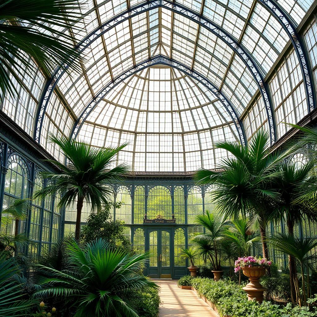 Serre victorienne en fer et verre de Kew Gardens, palmiers et lumière naturelle