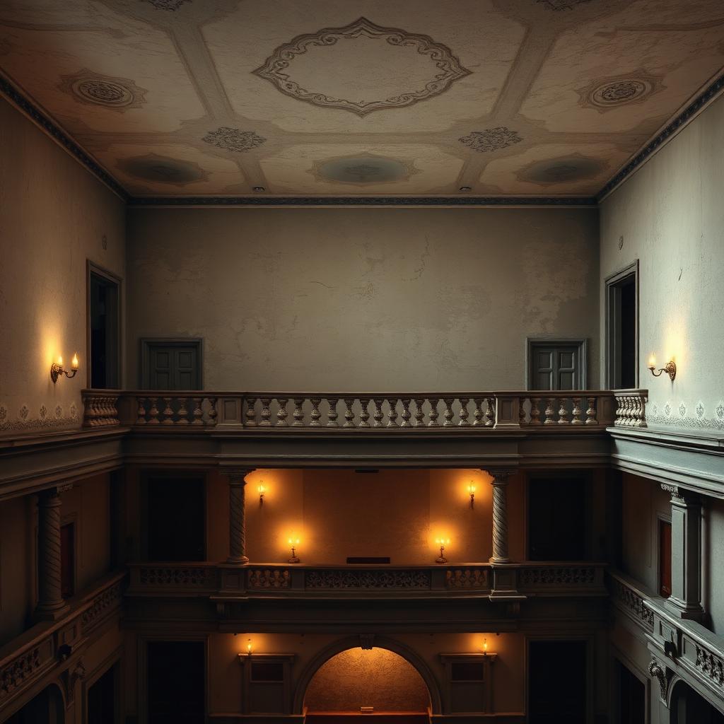Salle de Wilton's Music Hall, balcon à colonnes torsadées et plâtres patinés