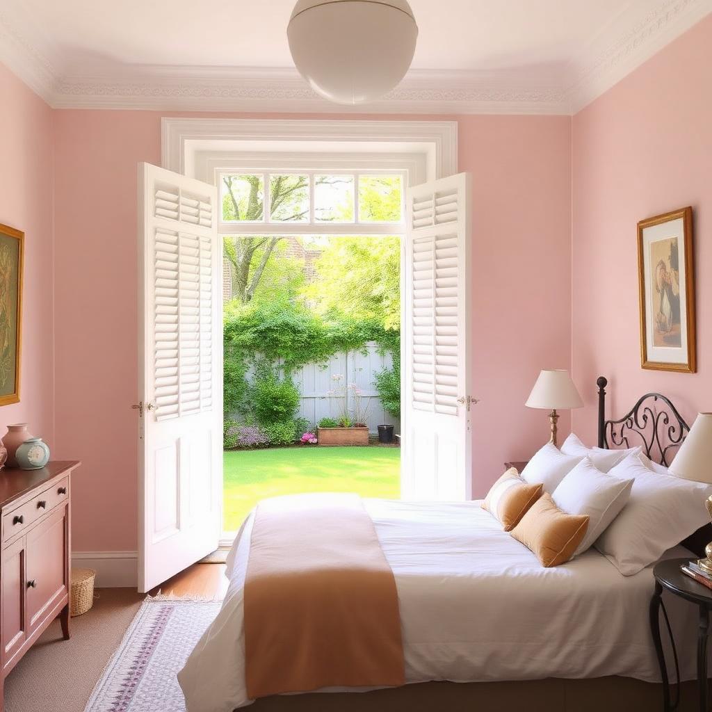 Chambre pastel ouvrant sur un jardin privé clos à Notting Hill