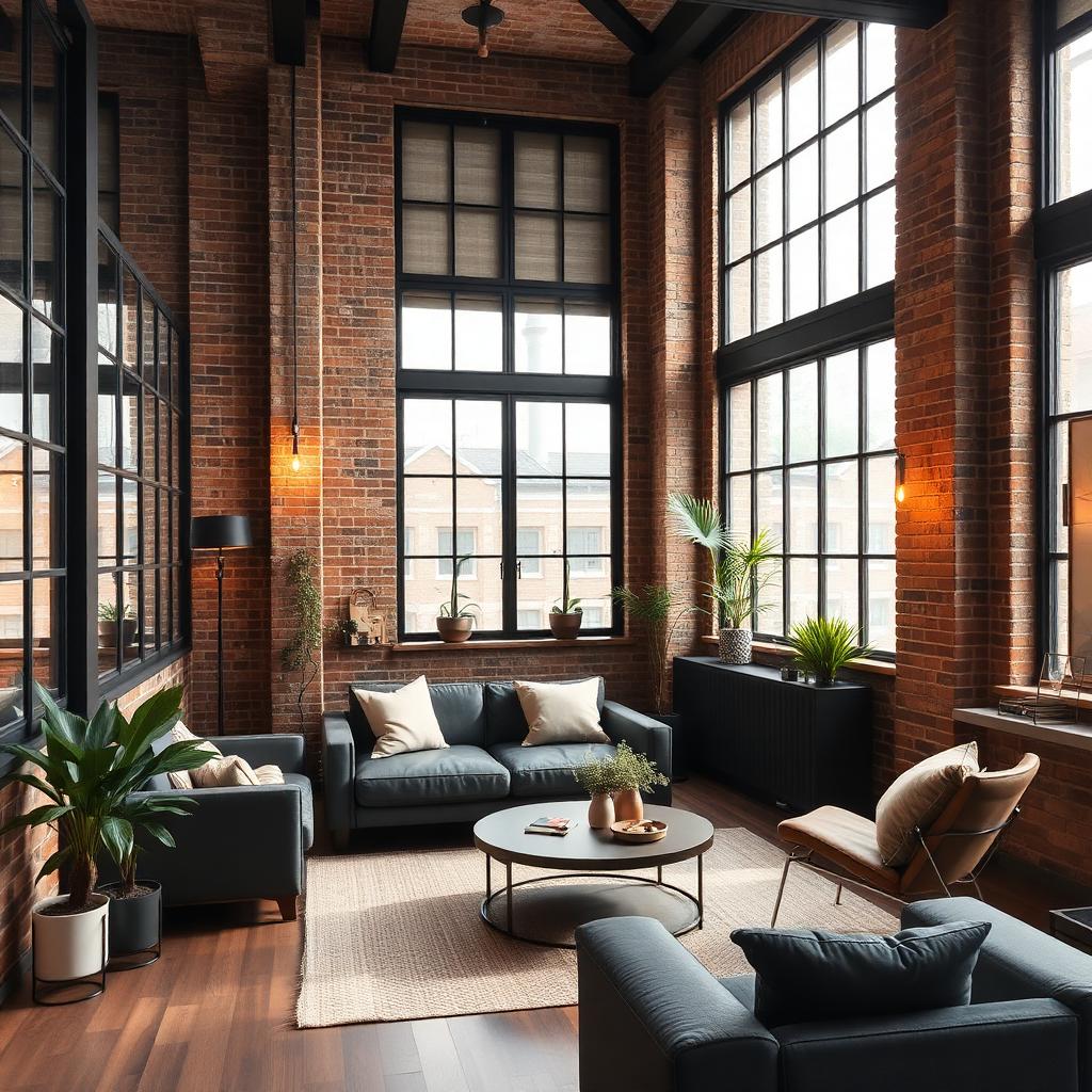Loft en brique apparente à Shoreditch avec verrières industrielles et plantes