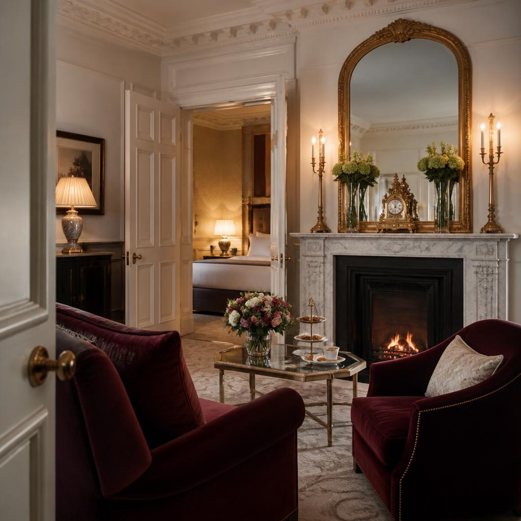 Suite victorienne élégante à The Connaught Mayfair avec cheminée en marbre et fauteuils en velours