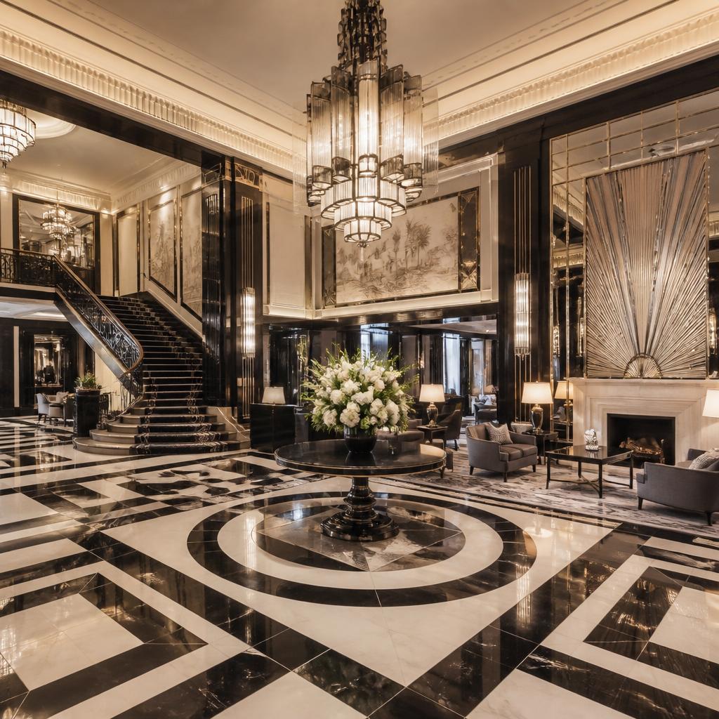 Grand hall Art Déco de Claridge's à Mayfair avec escalier monumental et lustres en cristal