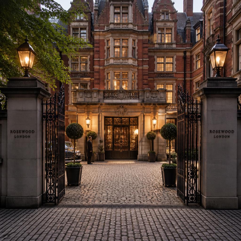 Cour intérieure pavée et entrée Belle Époque de Rosewood London à Holborn
